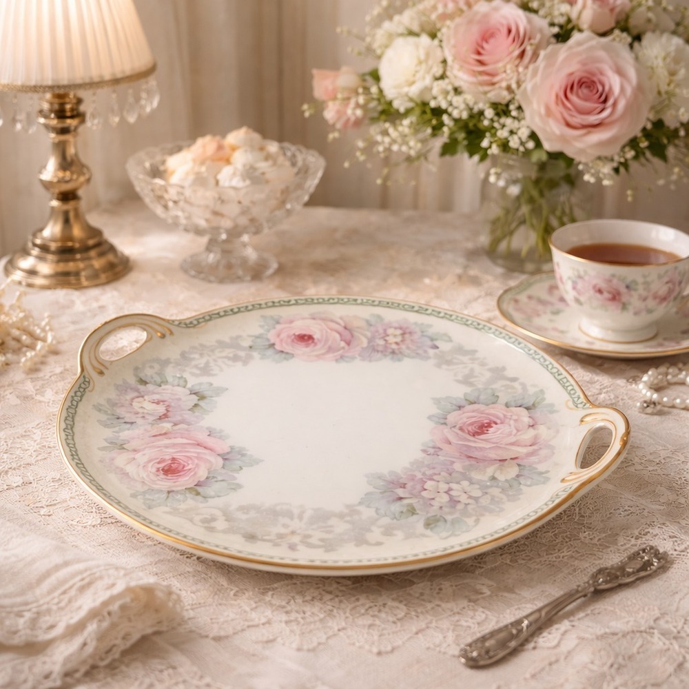 Antique German (K&L) Porcelain Handled Serving Platter Pink Roses Gold c.1910 - Picture 3 of 16